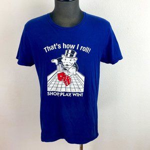 Mens Monopoly T-Shirt Large Fruit of the Loom Sofspun Dark Blue Short Sleeves